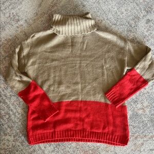 Colorblock Turtleneck Sweater - Tan and Red Fair Condition